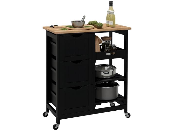 Chariot de cuisine Homcom, chariot auxiliaire avec roulettes, 3 tiroirs, 2 étagères ouvertes et plateau amovible 67X37X85.5 cm Noir