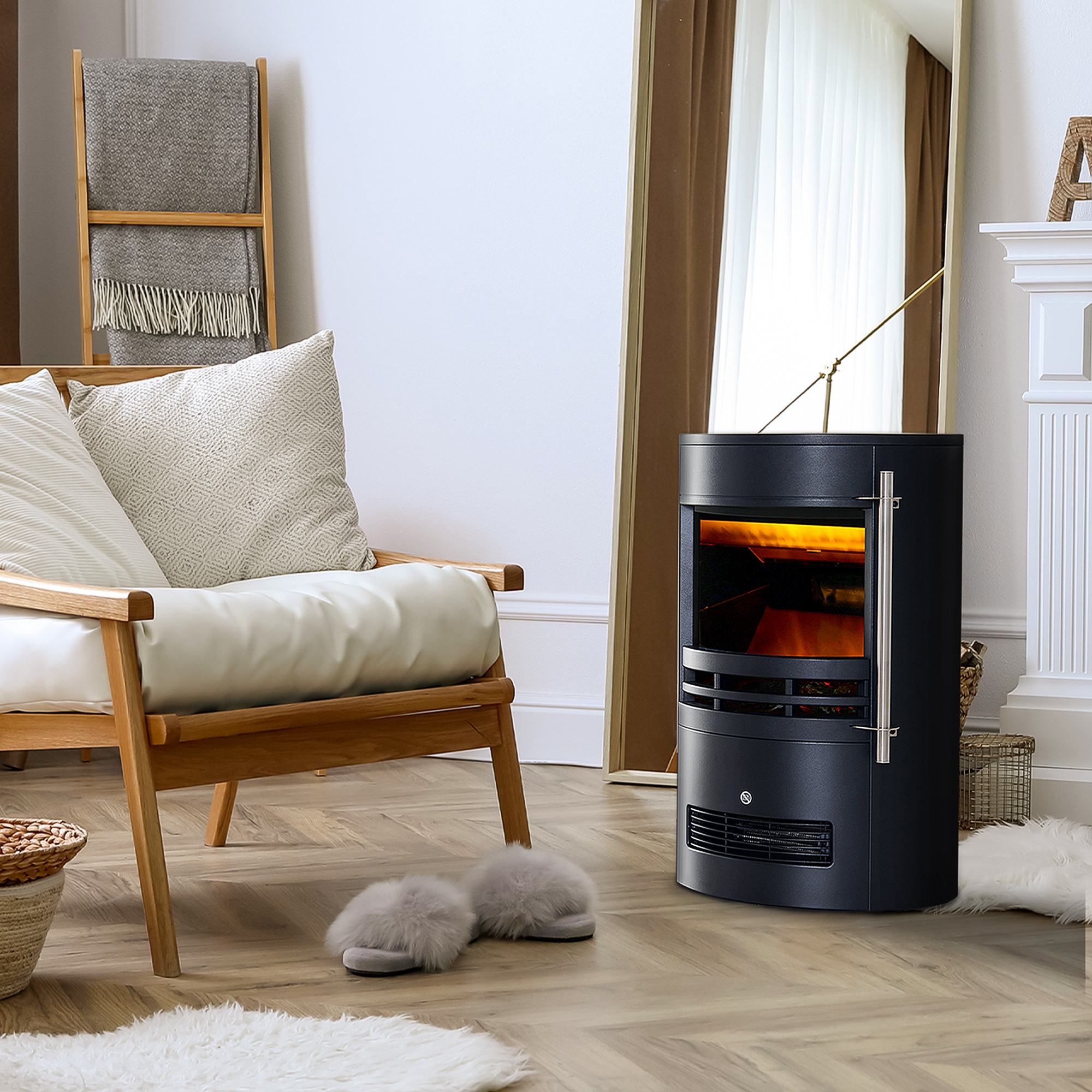 Homcom Camino Elettrico da Terra Potenza 900W/2000W con Effetto Fiamma 41 × 41 × 64.5cm Nero Aosom