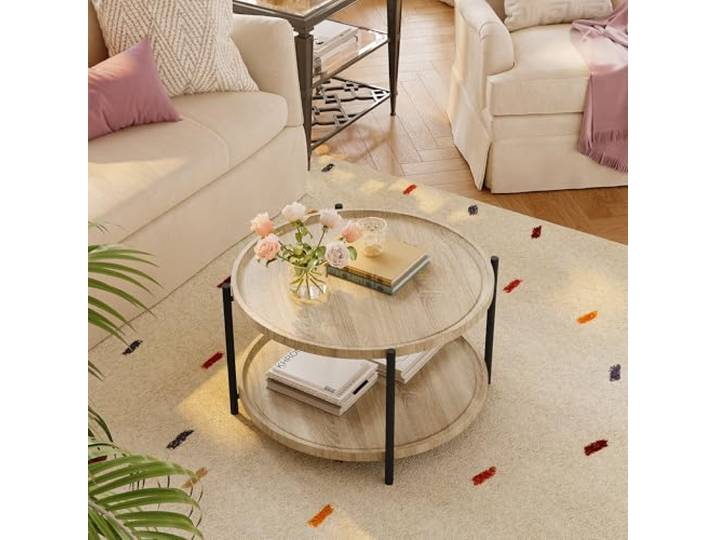 Zstar Runder Couchtisch 76 cm 2‑Ebenen Eiche‑Optik Metallrahmen Wohnzimmer