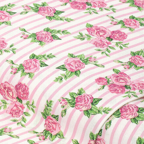 Baumwollstoff Rosen & Streifen "Mona", weiß/rosa