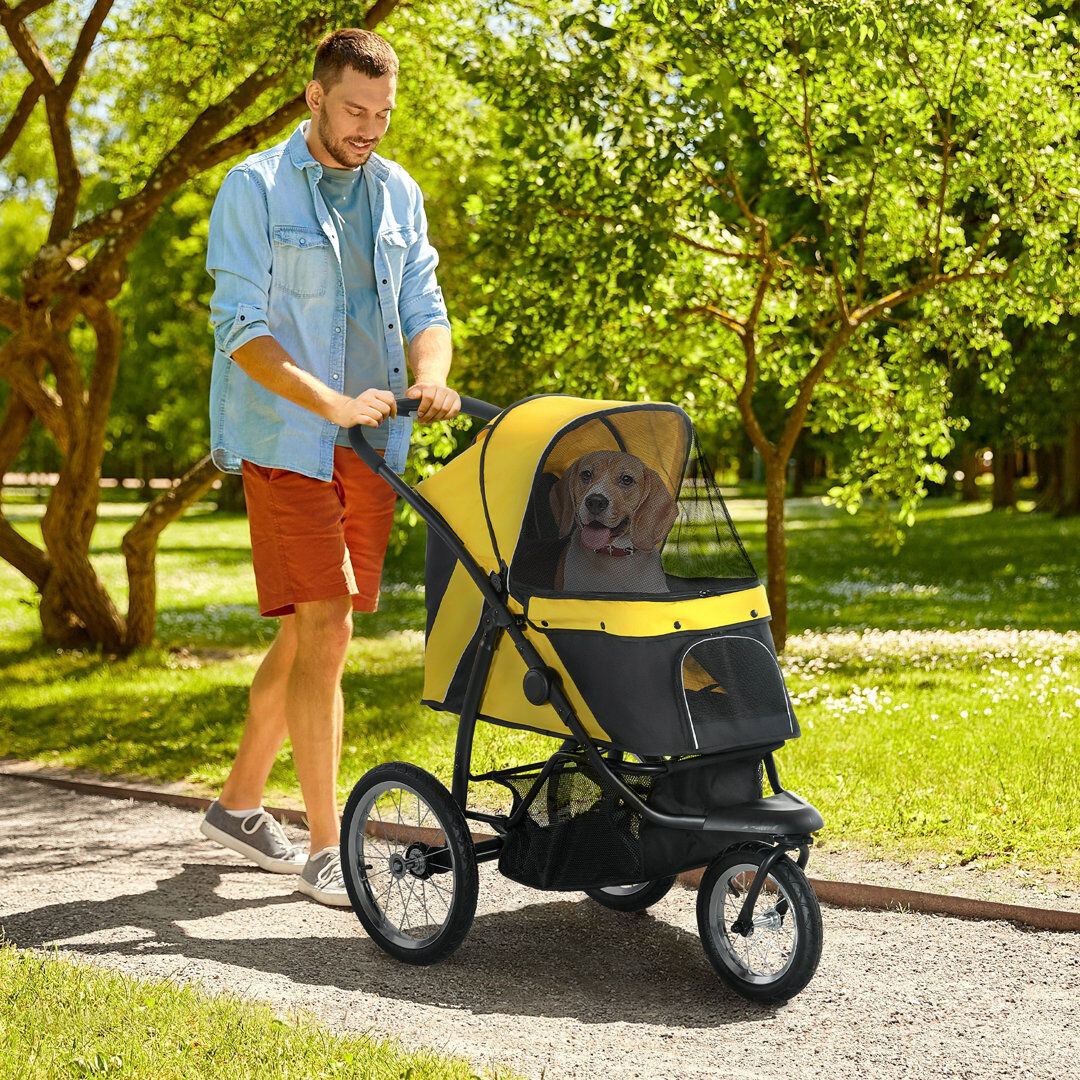 PawHut 3 Wheel Pet Stroller for Medium Small Dogs Foldable Cat Pram Yellow 271.78cm H X 147.32cm W X 281.94cm D