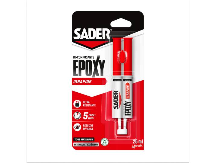 Sader - Colle Epoxy Bi-composant Rapide - Colle Forte Et Résistante - Collage Accéléré - Tous Supports - Transparent - Seringue 25 Ml