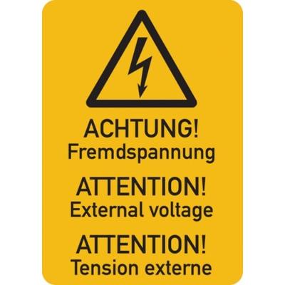 Warnschild, Fremdspannung (3-sprachig), Folie - ISO 7010 - 37x52 mm Folie selbstklebend