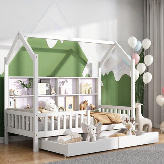 Kinderbett mit multifunktionaler Bücherleiste, Schublade, Kommode, Schublade und zwei großen Schubladen mit Lagerfähigkeit und Schornsteinform 90x200 Weiss