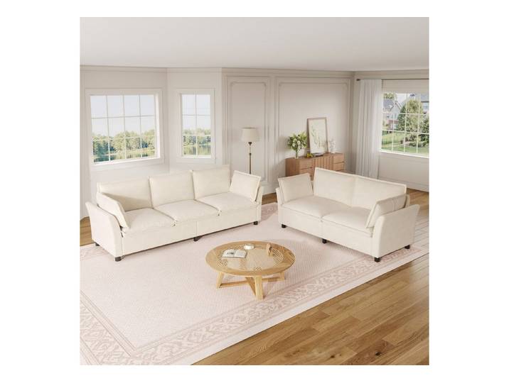 STILVORA Schlafsofa 5-Sitzer-Relaxsofa mit Kissen Chenille-Wohnzimmersofa in Beige, Chenillebezug, Metallrahmen, Federkern, für Wohnzimmer, Schlafzimmer, Arbeitszimmer und Leseecke