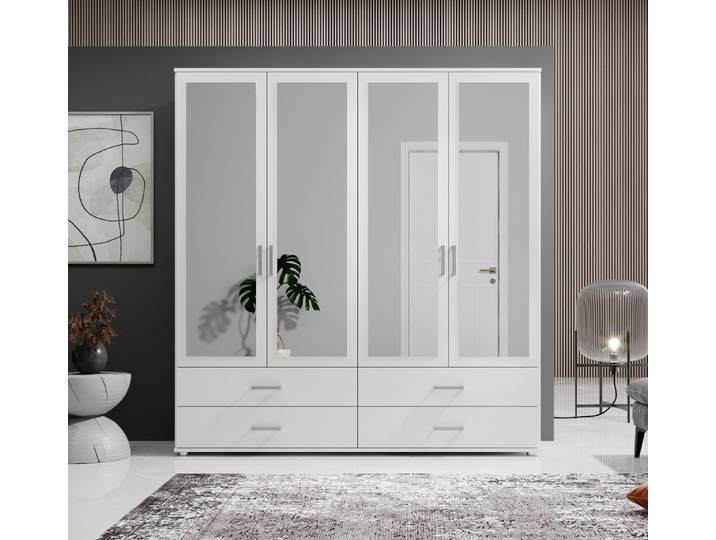 Schlafkontor Drehtürenschrank Ivar Kleiderschrank mit Spiegel inklusive 2 Spiegeltüren und 4 farblich abgesetzten Schubkästen