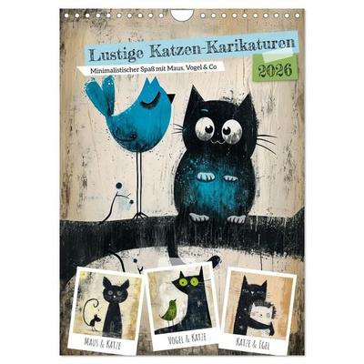 Lustige Katzen-Karikaturen - Minimalistischer Spaß mit Maus, Vogel und Co (Wandkalender 2026 DIN A4 hoch), CALVENDO Monatskalender