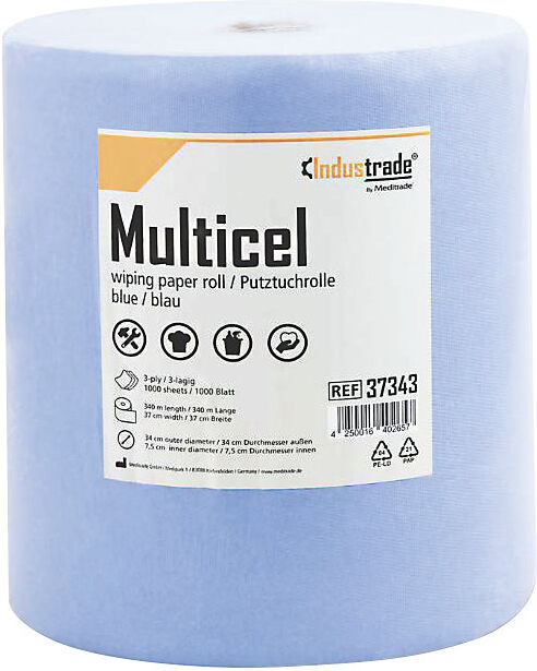 kaiserkraft Papierwischtücher Multicel, Zellulose, 3-lagig, blau, VE 1 Rolle, 1000 Blatt/Rolle