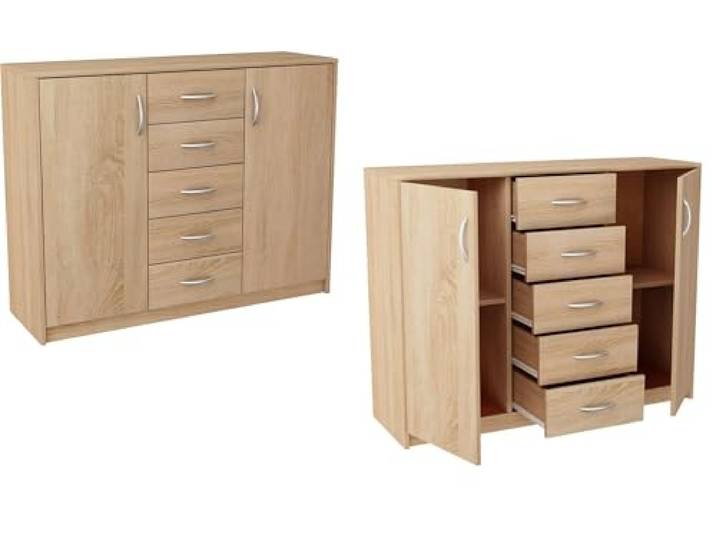 MATKAM Moderne Kommode 2D5S mit 2 Türen und 5 Schubladen - Robuste Aufbewahrungslösung für Schlafzimmer und Wohnbereiche (Sonoma Eiche)