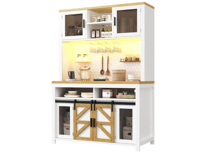 Buffet de Cuisine - Grand Vaisselier Blanc - avec Prise Intégrée Bloc Multiprise et Éclairage - Style Moderne
