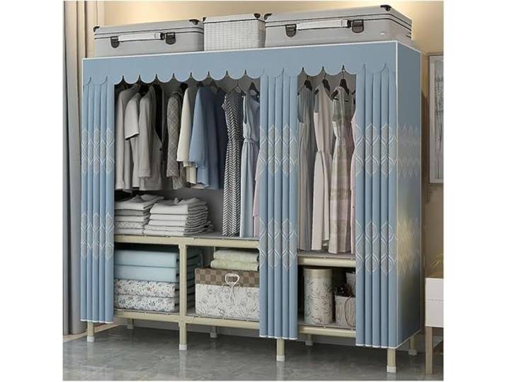 MmcdylyhEU Tragbarer, Faltbarer Kleiderschrank mit Abdeckung, L, stehender Kleiderständer, einfache Montage, Kleidungsstück for Schlafzimmer, stilvoll(Blue 2,163cm/64.2inch)