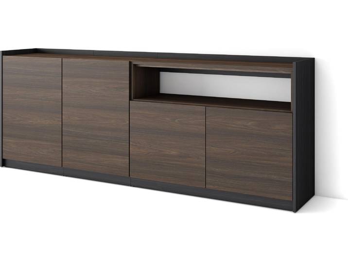 SOKKEL Buffet salon et cuisine\, Meuble de Rangement\, Commode\, 207x37x80cm\, 4 Portes\, Meuble chaussure\, Chêne foncé et Noir