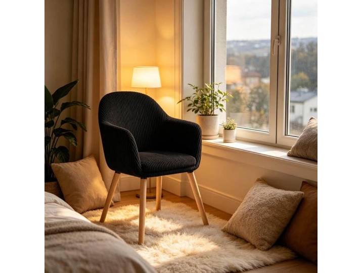 Chaise avec accoudoirs – Noire – Velours côtelé – Pieds en bois – 120 kg