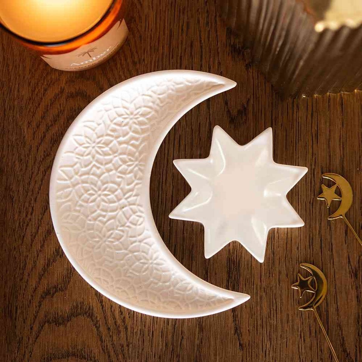 Something Different Wholesale Crescent Moon and Star Decoratieve Keramische Ringhouders - Wit