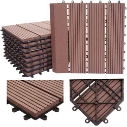 WPC Bodenfliese Sarthe + Abschluss, Holzoptik Balkon/Terrasse, 11x je 30x30cm = 1qm Premium ~ coffee linear senkrecht