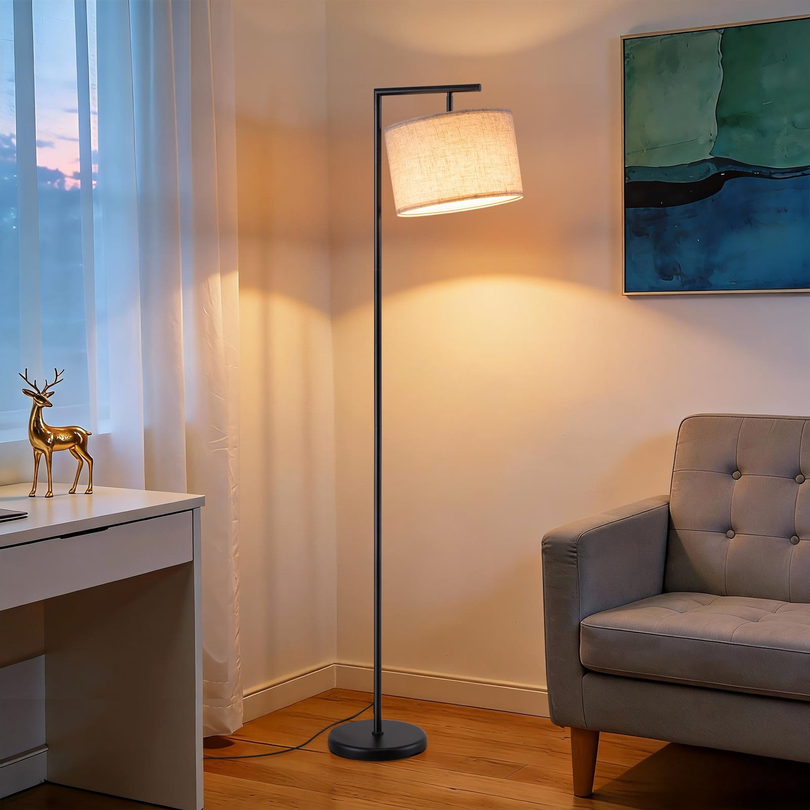EDISHINE Booglamp voor de woonkamer met verstelbare linnen kap en LED, zwart