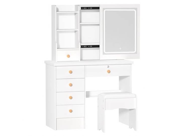 Coiffeuse avec LED Miroir et Tabouret - Table de Maquillage - FLASIDU - 6 tiroirs - Miroir coulissant - 80*36*123cm - Blanc