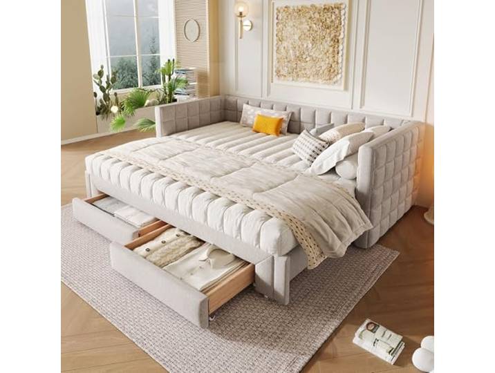 Stauraumbett mit Schubladen und Lattenrost, Liegefläche erweiterbar, Schlafsofa mit Bettfunktion, Sofabett, Polsterbett (beige, 90x200cm/180x200cm)