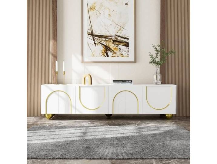 Meuble TV - 170 x 38 x 44 cm - Blanc et or - 4 portes décorées - Ouverture par pression charnières amorties