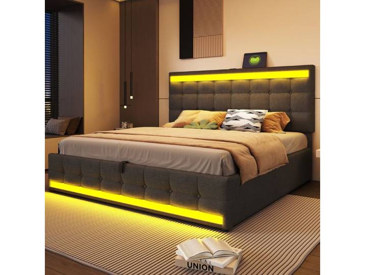 Lit rembourré gris 180 x 200 cm avec LED RGB et ports USB