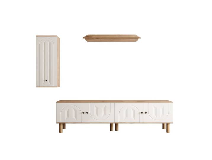 Ensemble mural tv 170 cm, portes sculptées étagères, blanc/bois