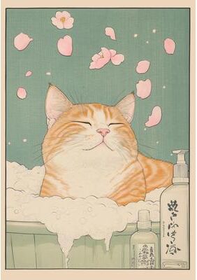 Uplifted Finds Japanese Tabby Cat In Bathtub Canvas Art   Retro Japandi Bathroom Poster 9 50 X 70 Cm Unframed