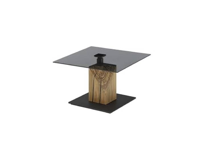 möbelando Couchtisch >BALSTA< quadratisch 70x45-63x70 cm B/H/T, – höhenverstellbar mit Lift, Glasplatte grau, Block aus massiver Eiche mit Resin-Rillen, MDF-Boden, auf Rollen – modern & funktional