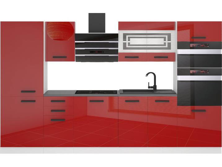 Belini Kitchen block Mila - Meubles de cuisine 300 cm Cuisine équipée sans électroménager avec meubles hauts et bas\, avec plans de travail\, rouge brillant