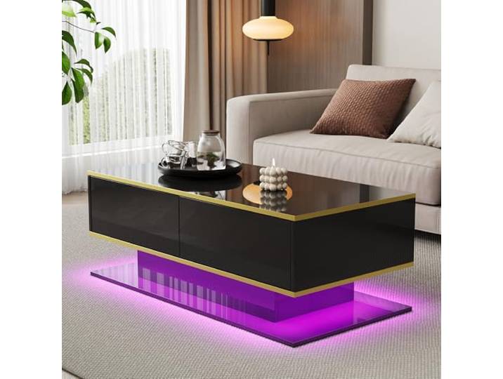 Merax LED Couchtisch Hochglanz mit Goldverzierung, Moderner Wohnzimmertisch 100x50x40 cm, Sofatisch mit 3 Schubladen & USB-LED-Licht, Kaffeetisch Beistelltisch Schwarz
