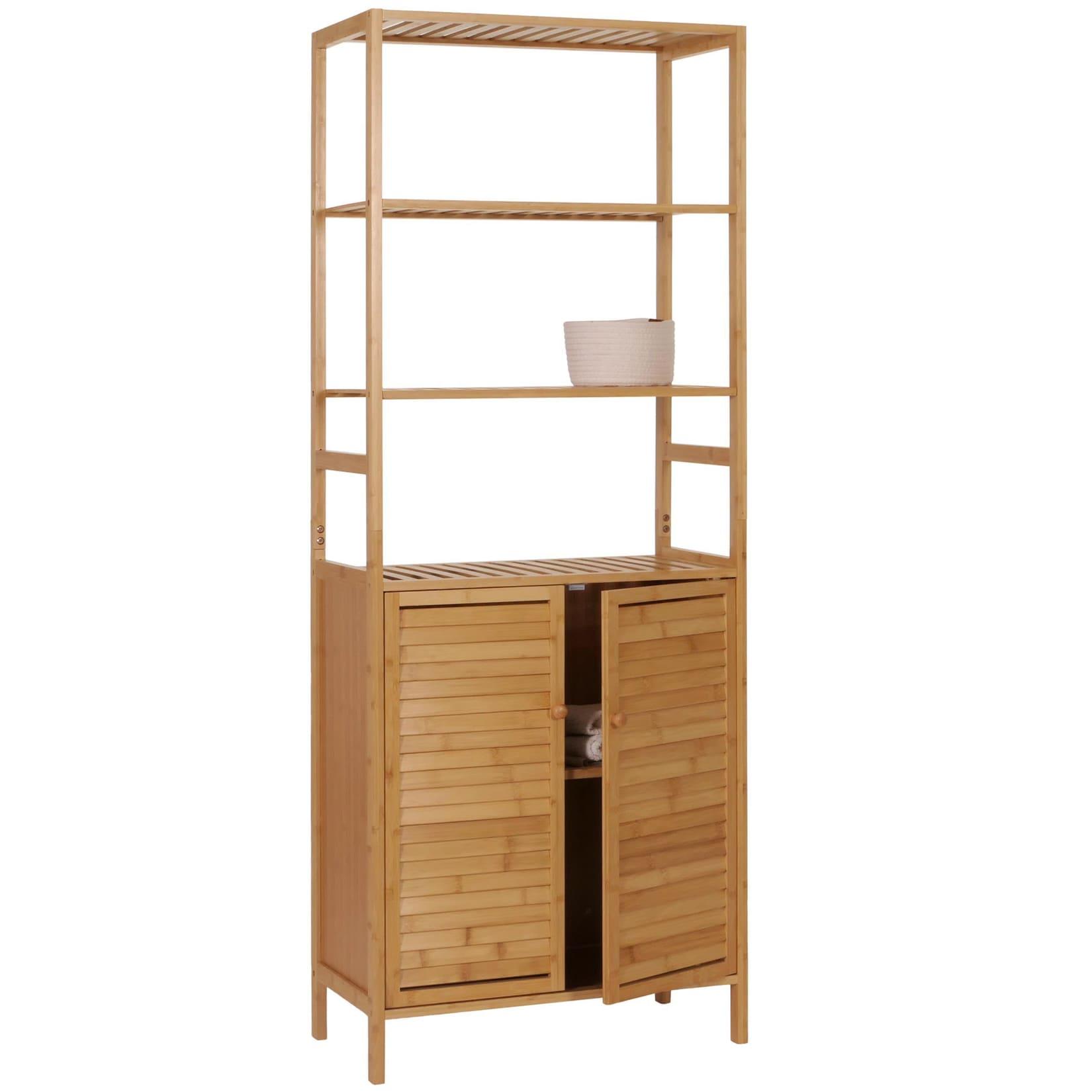 Hochschrank MCW-B18, Badschrank Badregal Schrank Regal, 2 Türen 4 Regalböden Bambus MDF MVG-zertifiziert 168x64x33cm