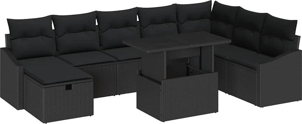 Modulares Garten-Sofa-Set, 9-teilig, für 8 Personen, Poly-Rattan Schwarz, mit höhenverstellbarem Tisch und Stauraum