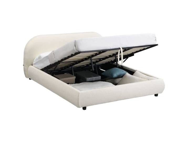 Lit coffre adulte 180x200cm avec tête de lit en tissu bouclé beige