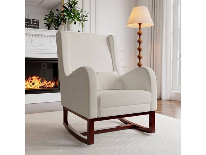 Fauteuil à Bascule Velours Beige Design Confortable avec Repose-Pieds pour Salon