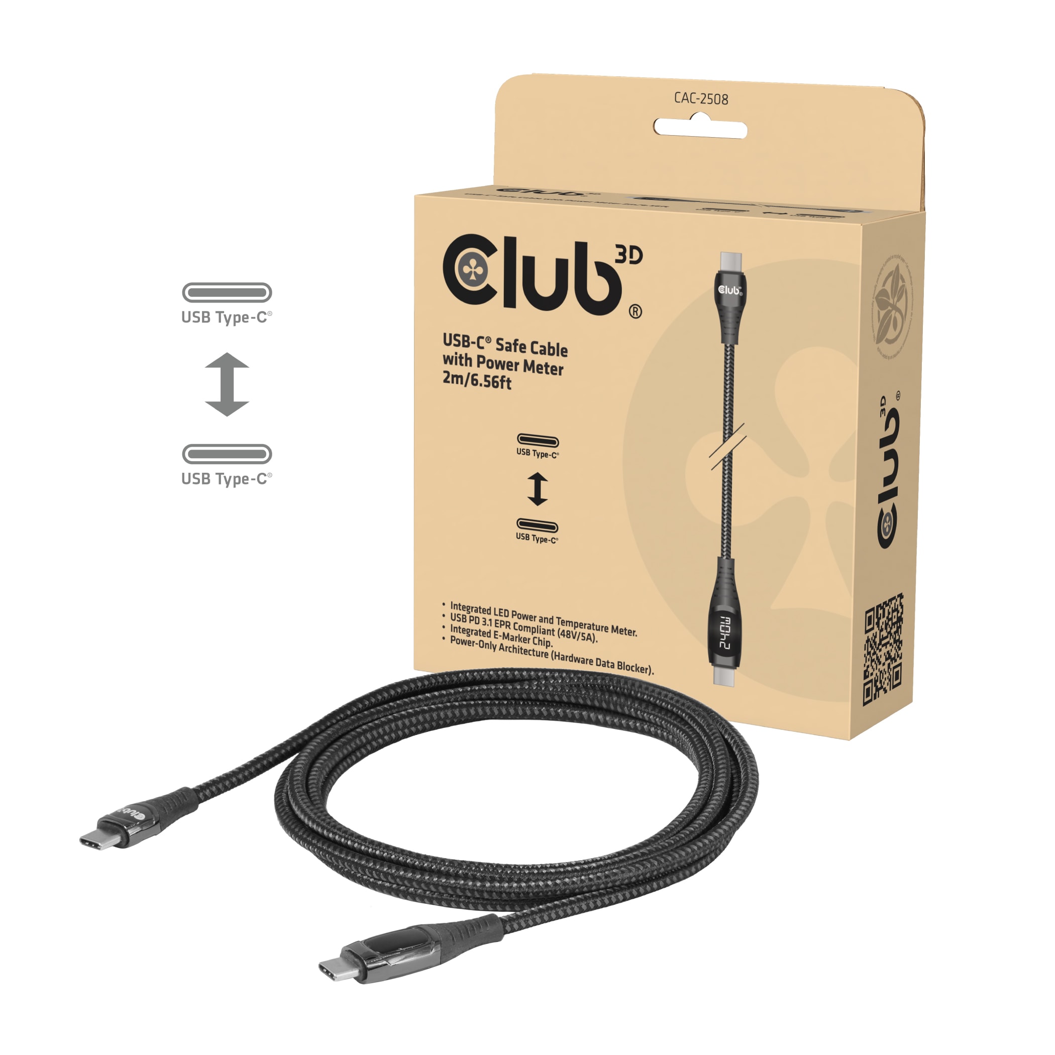 Club3D CAC-2508 USB-C Safe Kabel mit Lade-Display 240W ohne Datentransfer 2m
