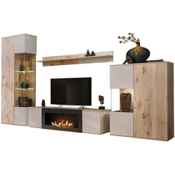 WOHNWAND Eiche, Kaschmir 4-teilig 350 cm, Schrankwand mit Kamin, inkl. Beleuchtung