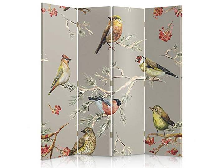 Feeby Paravent 145x180 cm 4 Teilig Modern Design einseitig Raumteiler Wandschirme Foto Trennwand Raumtrenner Sichtschutz Spanische Wand auf Leinwand Bedruckt Vögel Grau Mehrfarben