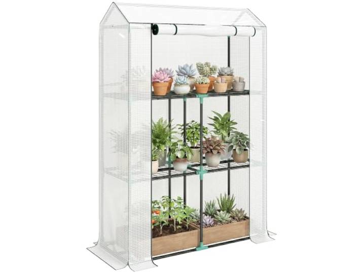 Outsunny Gewächshaus Regale Rolltür Winterfest Garten 100x40x150cm Weiß
