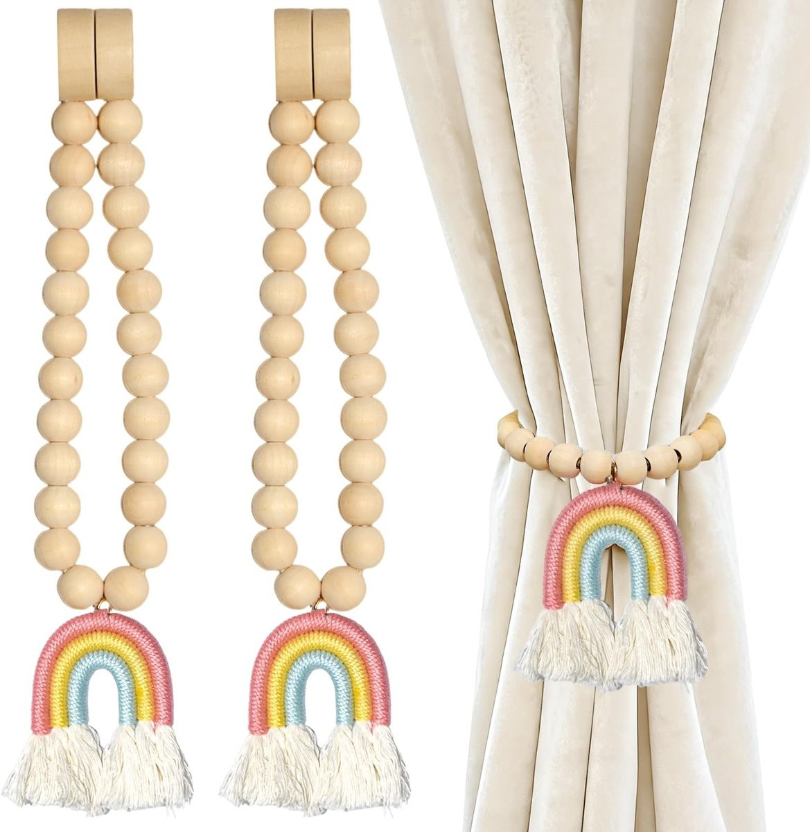 Dailygoods Set van 2 Magnetische Gordijnhouders met Houten Kralen in Bohemienstijl