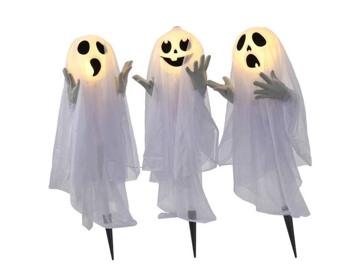 Homcom 3Er-Set Halloween Dekoration Halloween-Geister-Hofpfählen mit LED-Lichter, Weiß, Kunststoff, 10x60x54 cm, Dekoration