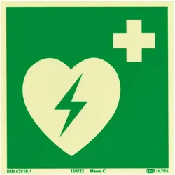 Rettungszeichen Defibrillator langnachleuchtend, Kunststoff, ISO 7010 150 x 150 mm, grün, weiß