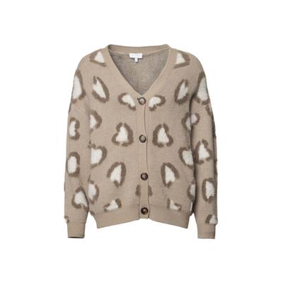 Cardigan KLEINIGKEIT "Kleinigkeit Wild Love Cardigan", Damen, Gr. M, beige (love leo sweet caramel), 50% Viskose, 28% Polyester, 22% Nylon, mehrfarbig, V-Ausschnitt, Strickjacken