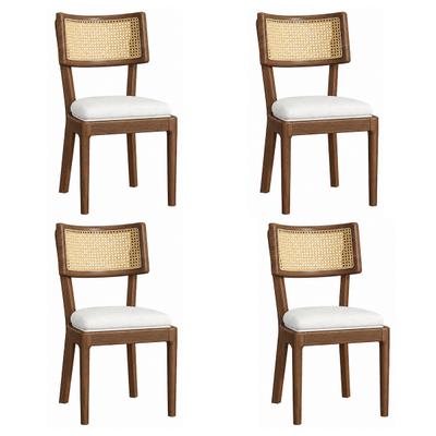 Merax 4er-Set Esszimmerstühle 50 x 58 x 88 cm aus Massivholz mit Rattan-Rückenlehne und Leinenkissen, Walnussoptik und Beige