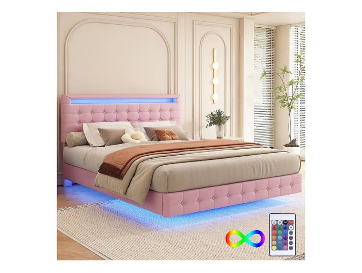 Furnishings Home Polsterbett 140x200 cm Flachbett mit LED-Umgebungslicht, PU-Material – Weiß & Rosa (1-tlg), Floating Design Stil 24-Tasten-Fernbedienung & Höhenverstellung