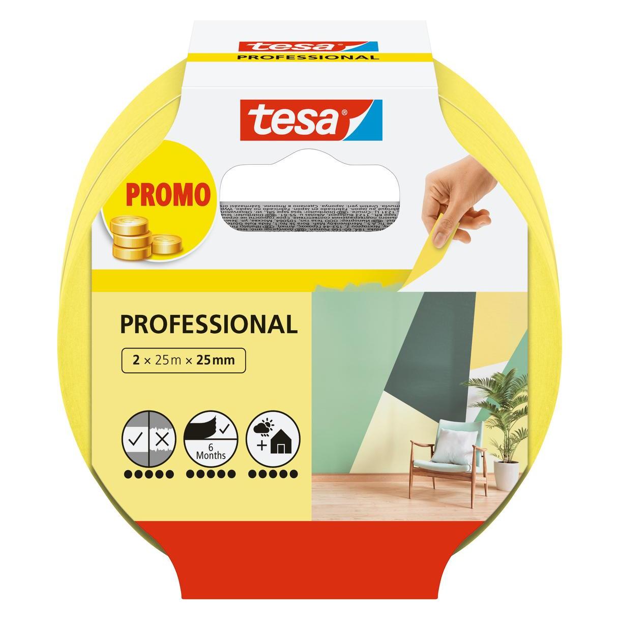 tesa 2x Malerkrepp PROFESSIONAL, Malerband für besonders präzises Abkleben, Zweierpack (25 mm) (56212-00000-02)