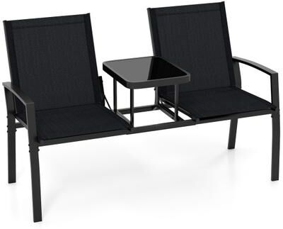 Costway Patio Loveseat with Built-in Table with Breathable Fabric Back-Black