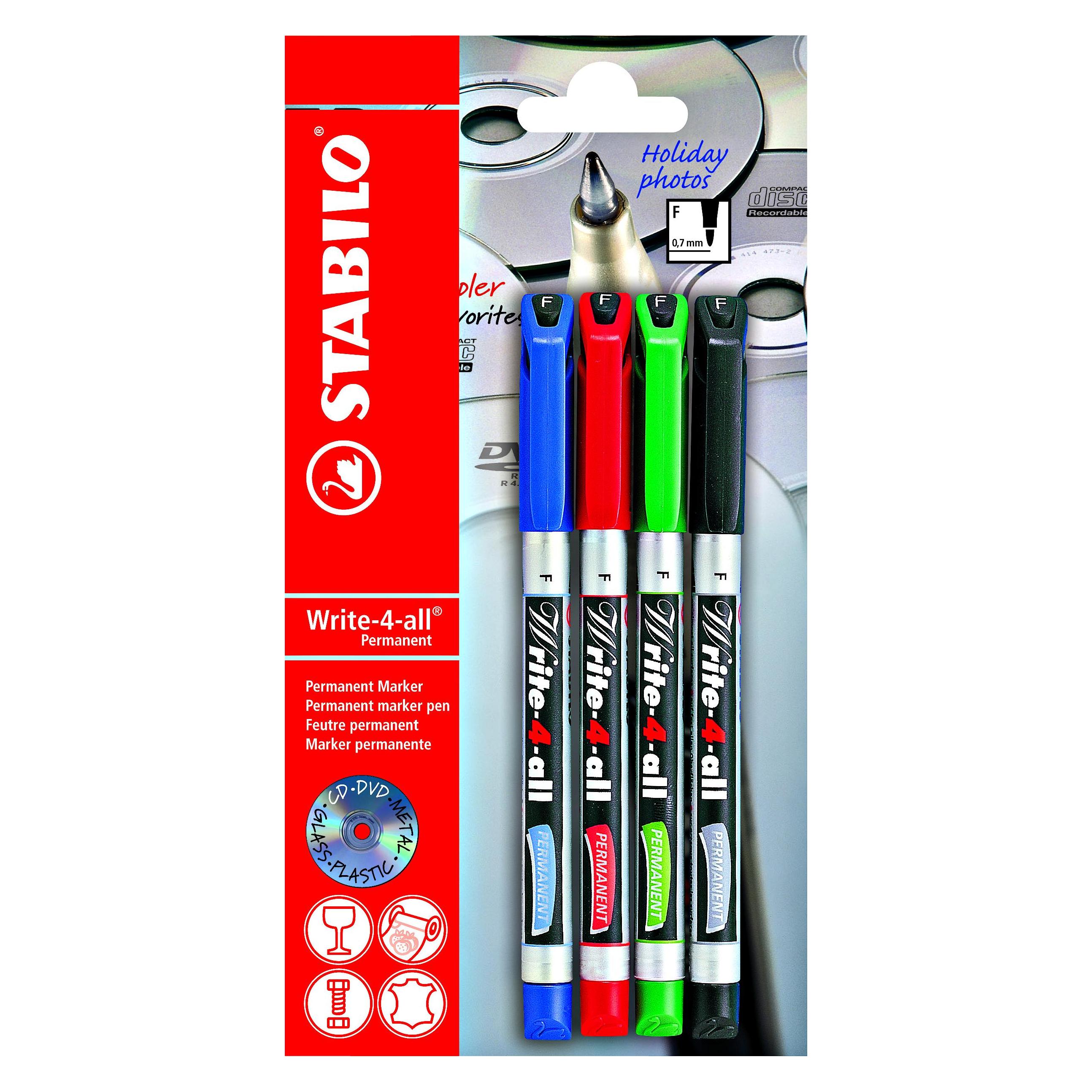 Stabilo Permanent-Marker - Write-4-all - fein - 4er Pack - blau, rot, grün, schwarz (4x) (B-17555-10)