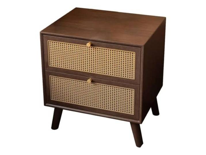 DASJKDI Nachttisch aus massivem Holz Schlafzimmerschrank aus Rattangeflecht(Cherry wood color)