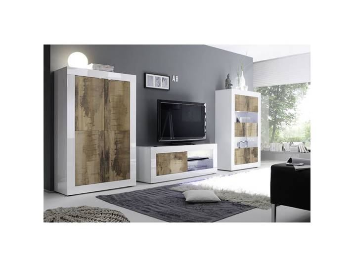 OTELLO - Ensemble Salon Finition Blanc Laqué et Aspect Bois Antik avec Leds