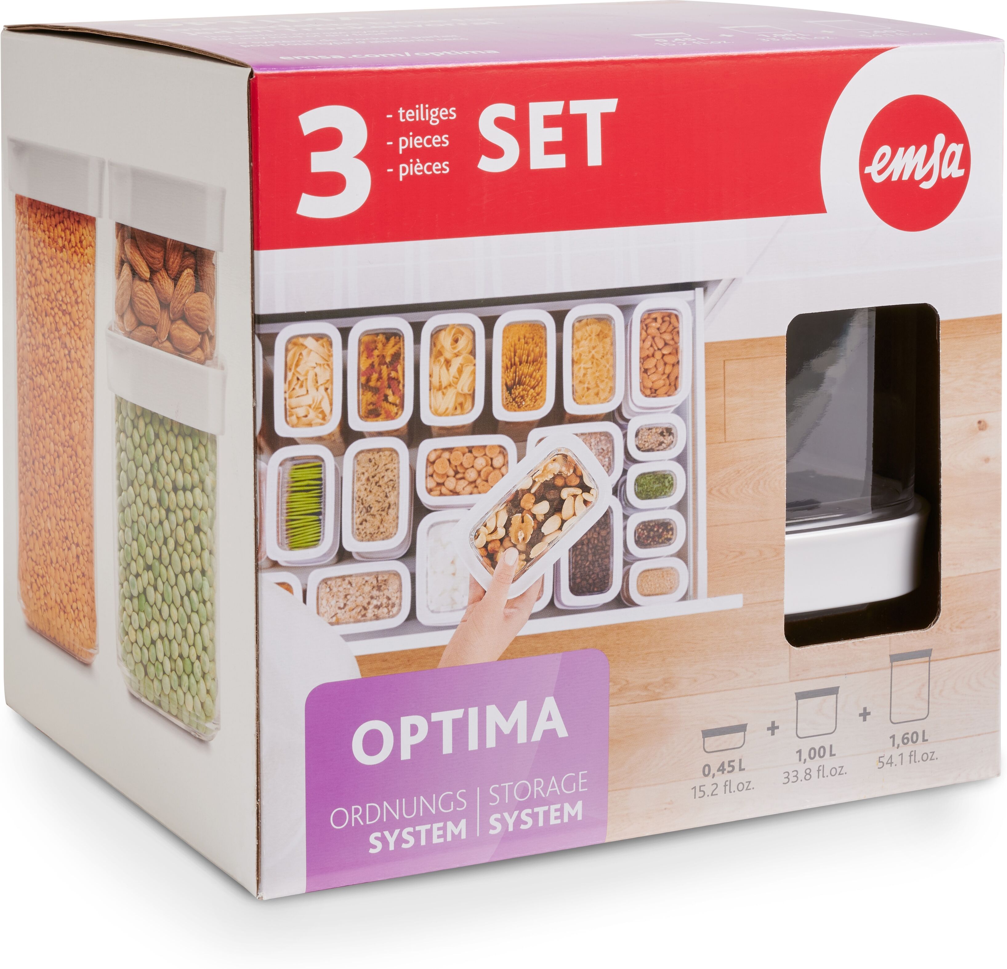 Vorratsdose EMSA "N11427 Optima", transparent, Kunststoff, Lebensmittelaufbewahrungsbehälter, Vorratsdose, rechteckig, hygienisch, platzeffizient