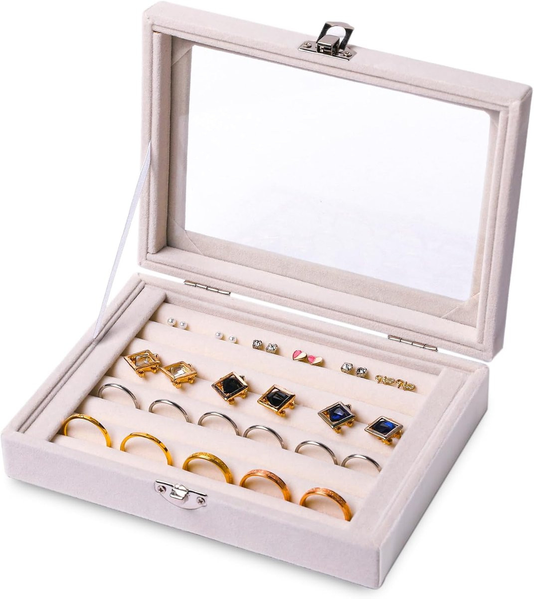 Fluwelen ringen en oorbel organizer met doorzichtig deksel en 7 sleuven voor sieraden